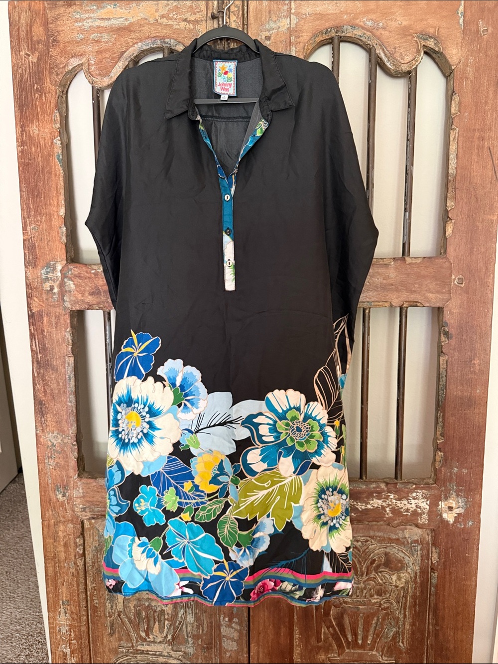 Johnny Was Black Floral Border Tunic with Blue & Green Blooms